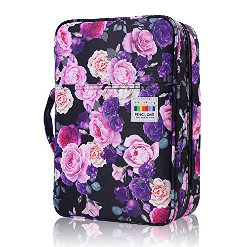 Image of Colored Pencil Case Slot Holds 300 Pencils or 200 Gel Pens with Zipper Closure Large Capacity Nylon Pen Organizer for Painter or Artist (Purple and Pink Rose)