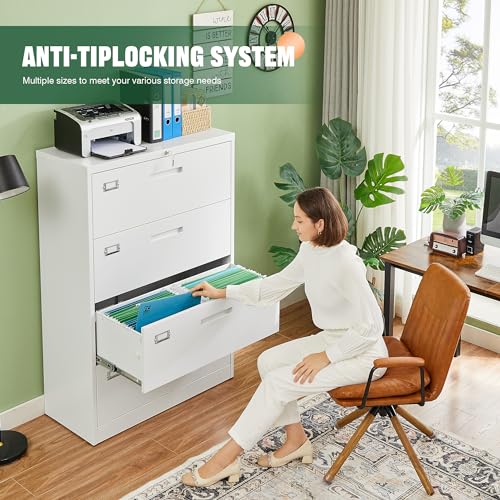 Image of Letaya 4 Drawer File Cabinet with Lock, Metal Lateral Filing Cabinet Wide Office Organization Storage for Home Office Hanging Letter /Legal /F4 /A4 (White-Requires Installation)