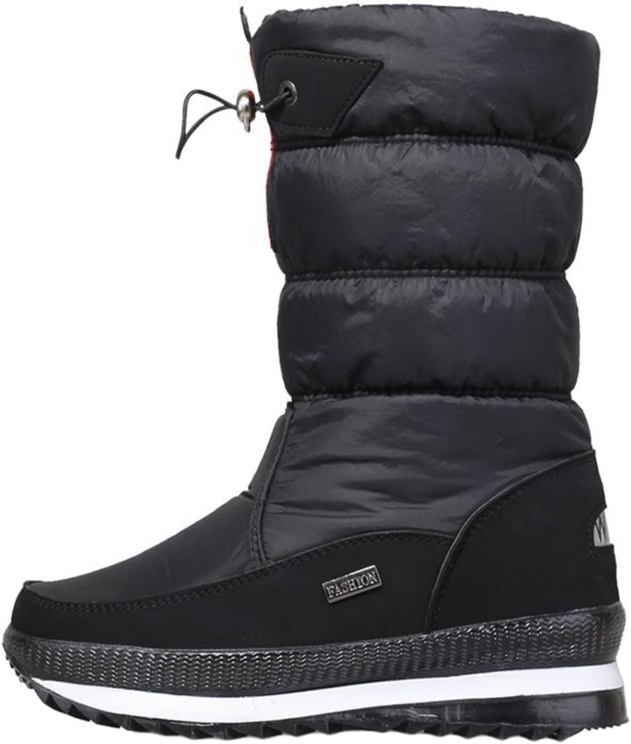 Ulalaza Women's Winter Snow Boots Warm Round Toe Mid Calf Outdoor Boot Anti-Slip Low Heels Walking Booties Lightweight Hiking Flat Furry Waterproof Ankle Shoes