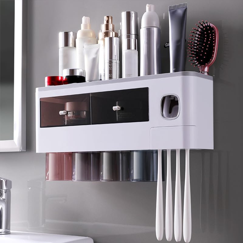 Mensola per Spazzolini da Denti a Parete, Portaspazzolini con Dispenser per Dentifricio per Bagno (Grigio traslucido da 4 tazze)