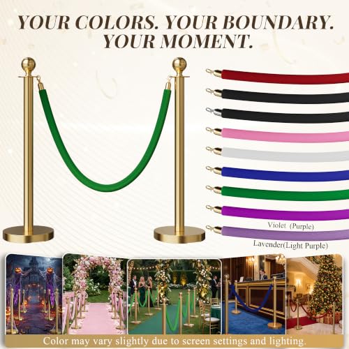 Image of 4PCS Green Velvet Stanchion Ropes 5 Ft Crowd Control Ropes Barrier with Gold Hooks for Party Supplies,Photobooth Accessories, Prom,Birthday,Business,Wedding, Museums