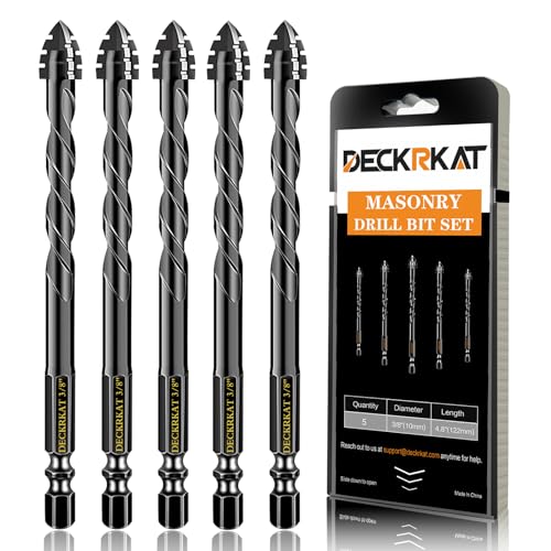 DECKRKAT Upgraded 5-Piece 3/8 Inch Black 4-Flute Serrated Masonry Drill Bits - Concrete Tile Glass Brick Ceramic Plastic Wood