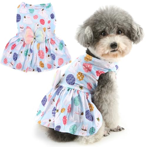 ZUNEA 犬服 春 夏 ワンピース お姫様 小型犬 超小型犬 ドレス スカート 可愛い ウサギ/卵柄 女の子 ワンピース 蝶ネクタイ付き かわいい 柔らかい ペットドッグウェア 洋服 写真 撮影 チワワ トイプードル 服 お散歩 ブルー L