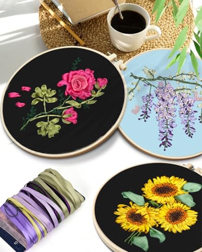 Image of TINDTOP Embroidery Kit for Adult, Ribbon Embroidery Kit for Beginners | for Craft Lover Hand Stitch with Embroidery Skill Techniques (FLowers)