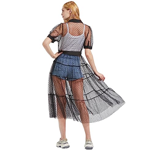 Women Sheer Mesh Button Down Shirt Dress with Waist Belt Summer Beach See Through Bikini Cover Up Swimwear2