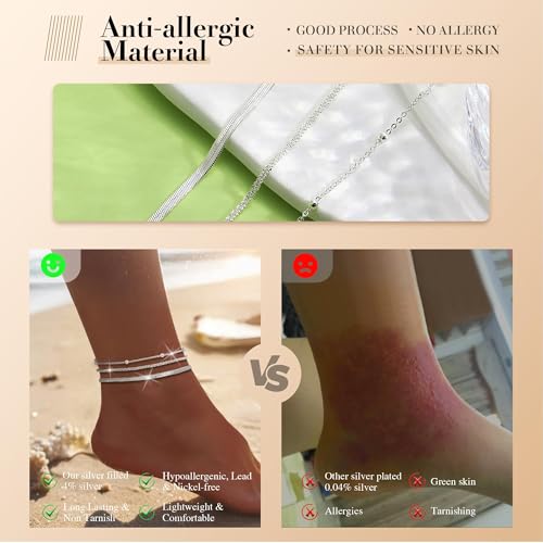 Image of Kenivira Sterling Silver Ankle Bracelets for Women,Gold Dainty Layered Waterproof Anklet for Women, Anklet Set Stackable Beach Gift Adjustable Size