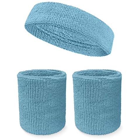 Couver Unisex Cotton Solid/Plain Sweatband Set(Headband x 1+ 4" Wristband x 2) for Sports - Light Sky Blue Cover