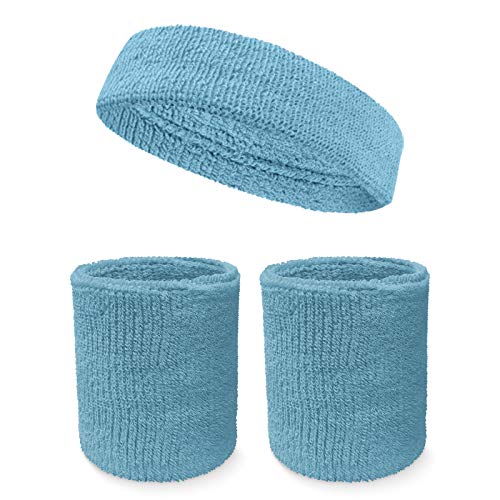 COUVER Unisex Terry Sweatband Set, Headband Wristbands, Light Sky Blue