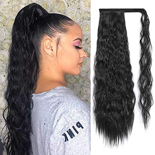 G&T Wig Long Corn Wave Ponytail Extension Magic Paste Heat Resistant Synthetic Wrap Around Ponytail Black Curly Hairpiece for Women (1B,22 inch)
