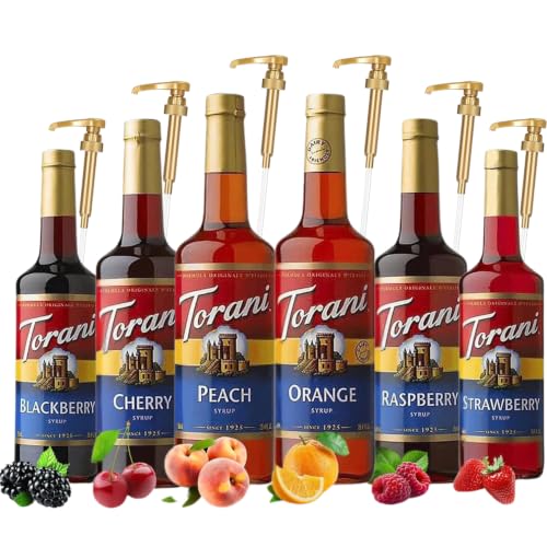 Torani Fruit Bowl Syrup Variety Pack – Raspberry, Strawberry, Blackberry, Cherry, Orange & Peach Flavors for Italian Soda, Lemonade, Tea, Mocktails & Drinks | 6 Pack with 6 Pumps