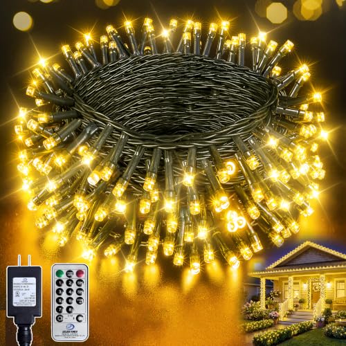Image of 66FT 200 LED Warm White Fairy Lights, Dark Green Wire 8 Modes Timer, IP44 Waterproof Outdoor Indoor String Lights for Patio Garden Backyard Bedroom Classroom Weeding Christmas Decor