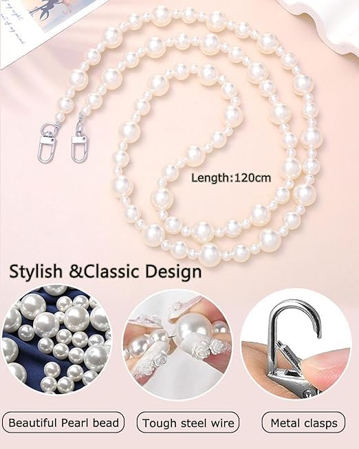 Image of KHOLAD White Bow Phone Chain Crossbody Pearl Strap | 2in1 Wrist & Shouler Crossbody Lanyard | Pearl Beads Charms Chain with Phone Tether Patches | Compatible with Most Phones, Bag, Purse