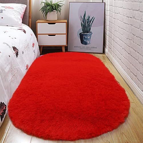 Treer Alfombra Oval de Pelo Largo para Salón, Alfombras Dormitorio Modernas Lavables Antideslizante Alfombra Shaggy Grandes, Esponja Alfombra área para Habitacion (Rojo,50x80cm)