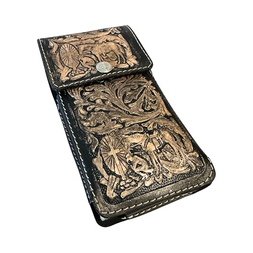 Western Leather Phone Holster – Made in Mexico – Floral Tooled Design with Embossed Cowboy Praying at Cross – Fits iPhone & Samsung – Belt Loop Holder