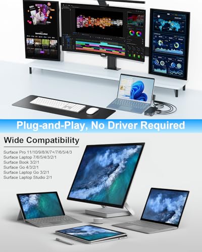 Image of Docking Stations for Surface HDMI+DP+USB-C Triple Displays, 12 in 1 Surface Dock with 120W Power Adapter for Surface Pro 12 /11 /10 /9 /8 /X /7 /6 /5 /4 /3, Surface Laptop 7 /6 /5 /4 /3 /2 /1, Surface Book /Go