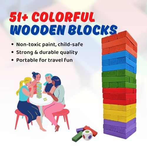 Image of 54 Pcs Colourful Wooden Blocks for Kids 7-14 Years | Indoor Balancing & Building Game, Montessori Wooden Toys, Kids Activity Tower Block for Cognitive Development & Fun