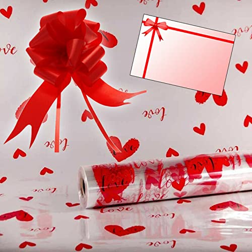 Red Hearts Love Cellophane Gift Wrap (FOLDED) Valentines Day Hampers + Pull Bow & Card (2 Metres)