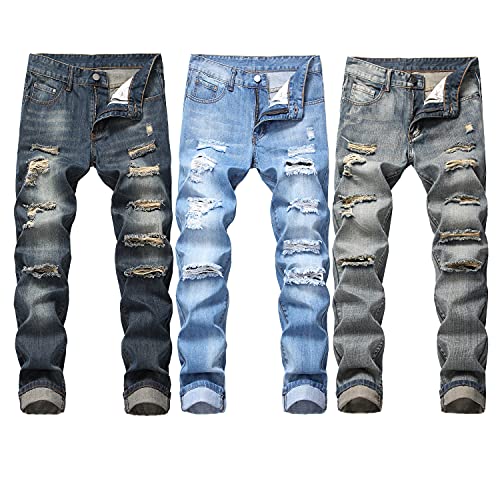 Kaxiya2021 Men's Ripped Straight Leg Jeans Skinny Slim Fit Distressed Jean Pants Tattered Casual Fashion Washed Trousers 6