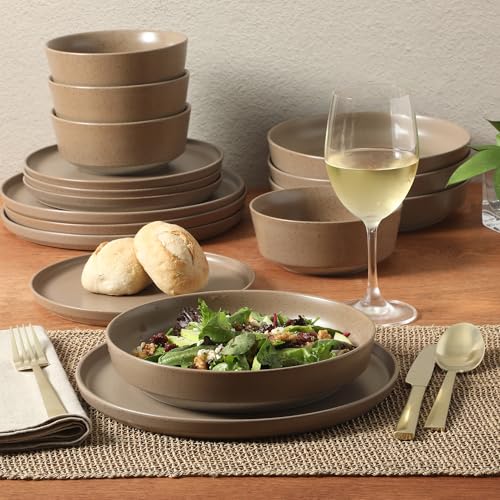 Image of Gibson Elite Overbrook 16-Piece Pottery Clay Stoneware Dinnerware Set - Terraccotta Brown Reactive Glaze, Stackable Plates and Bowls w /Pasta Bowl, Service for 4 - Microwave & Dishwasher Safe
