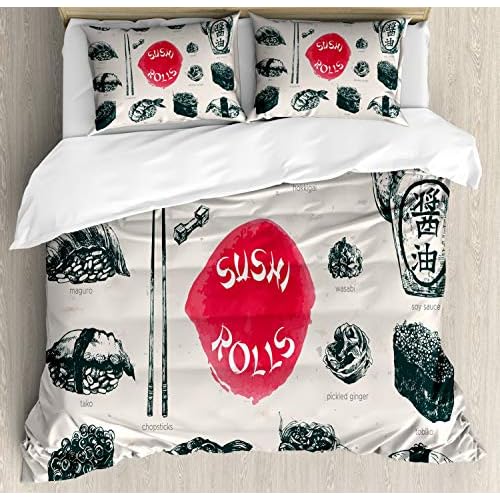ABAKUHAUS Essen Bettbezug Set für Einzelbetten, Japanisches Sushi Foods, Milbensicher Allergiker geeignet mit Kissenbezug, 200 x 200 cm - 70 x 50 cm, Coconut Dunkel Coral