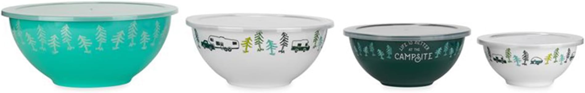 Camco Life is Better at The Campsite Nesting Bowl Set, Includes (4) Durable Melamine Bowls with (4) Plastic Lids Suitable for On-The-Go Lifestyles