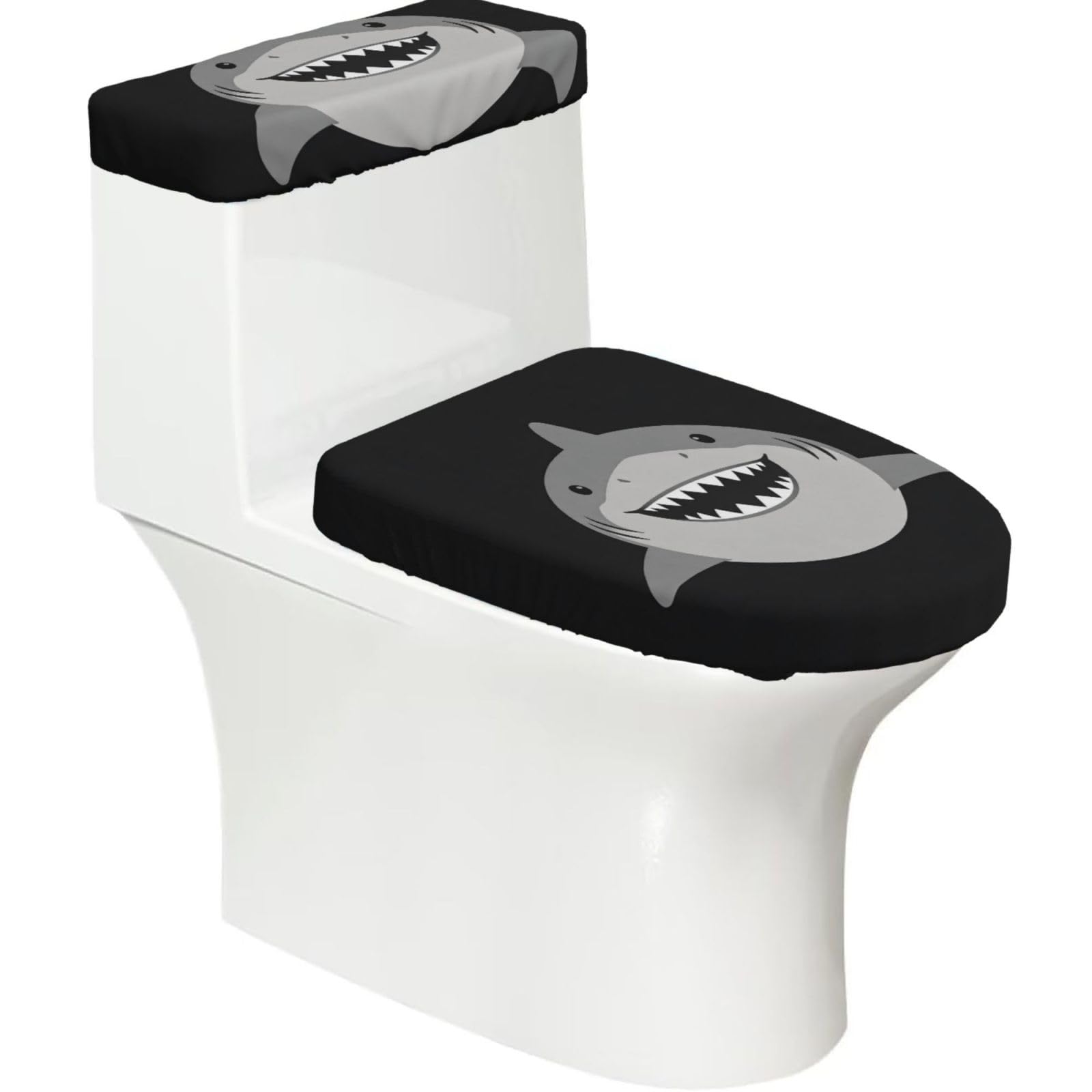 Shark Smile Elastic Toilet Cover Set of 2-Stretchy Lid and Tank Covers for Bathroom, Soft Washable U Shape Toilet Decor