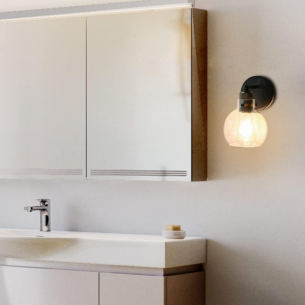 MONKFISH Modern Industrial Wall Sconce Light with Glass Globe Shade, Black & Brass Wall Lamp Fixture for Bathroom, Bedroom, Hallway & Living Room, E26 Socket, UL Listed