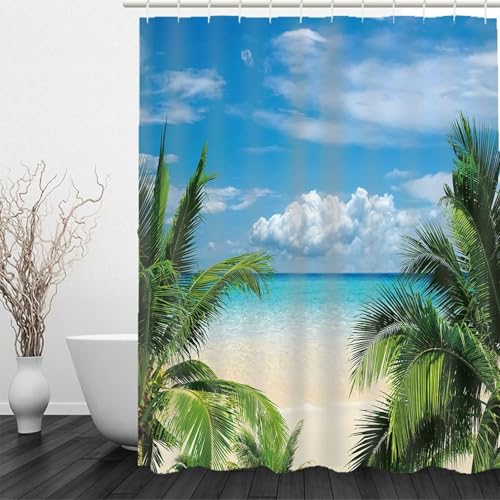 Rideau de douche textile blanc bleu vert motif mer ensoleillée en polyester - 3