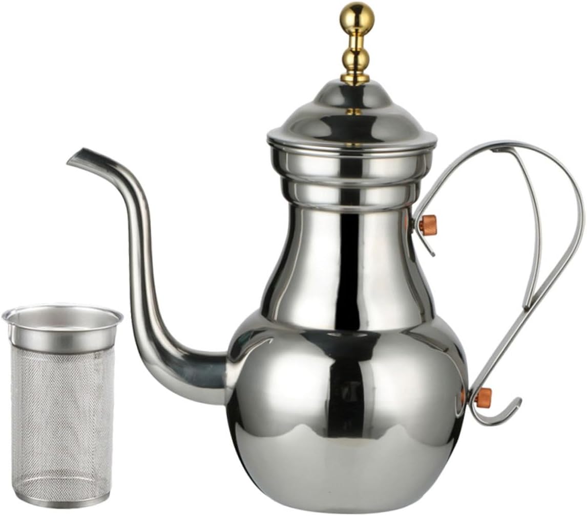 Middle Eastern Style Stainless Steel Coffee Kettle with Long Narrow Spout and Built In Filter for Precise Pouring Tea Pot for Kitchen Office Use