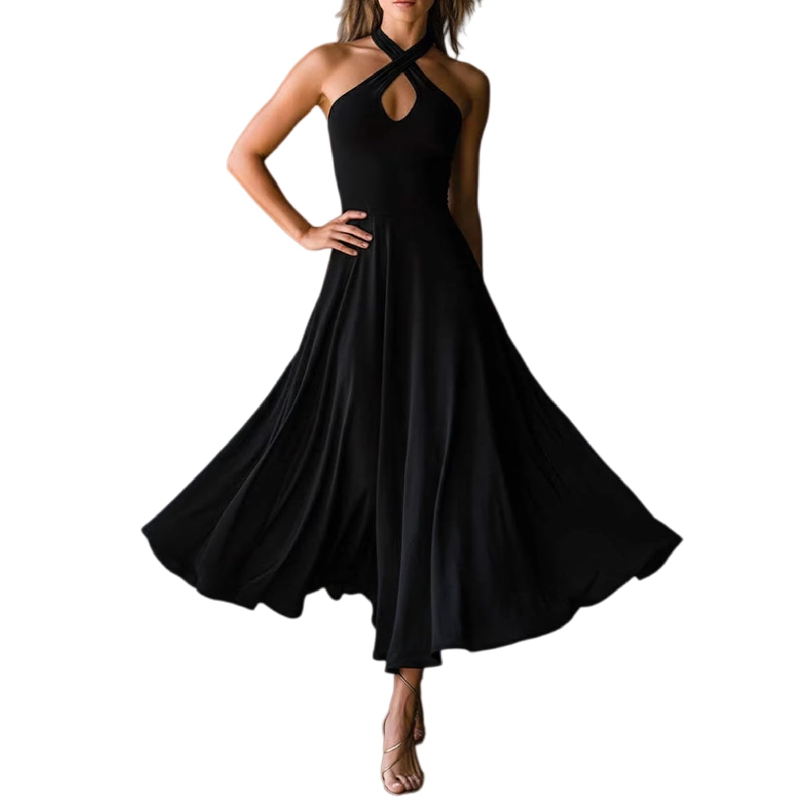 Abito Donna Halter Collo Midi Keyhole Taglio Un Vestito di Festa Linea, Morbido Tessuto Opaco Fluente per Cocktail-01 Black-XL