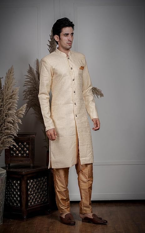 Image of Amzira Men's Soft Cotton Indo Western Kurta Pyjama Set with Mandarin Collared Neck Long Sleeves Button Closure and Solid Pant