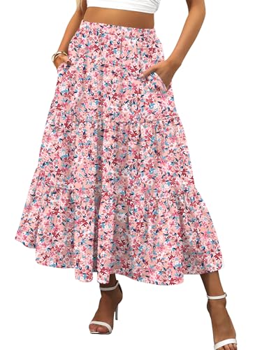 Image of ANRABESS Women's Summer Boho Flowy Swing Tiered A-Line Maxi Skirt 2026 Fashion Trendy Elastic Waist Pleated Long Beach Dress