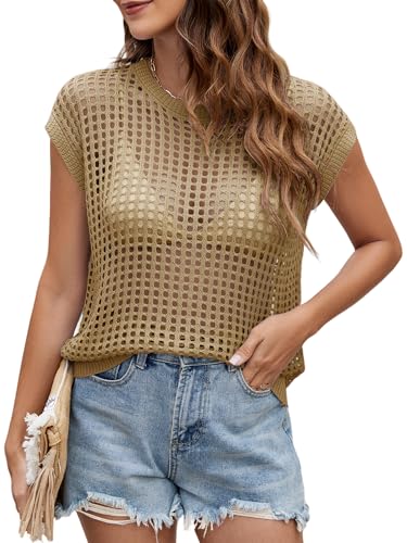 Image of Womens Summer Crochet Tops Hollow Out Cap Sleeve Cover Up Tank Top Pullover Sweater Vest Beach Vacation Clothes