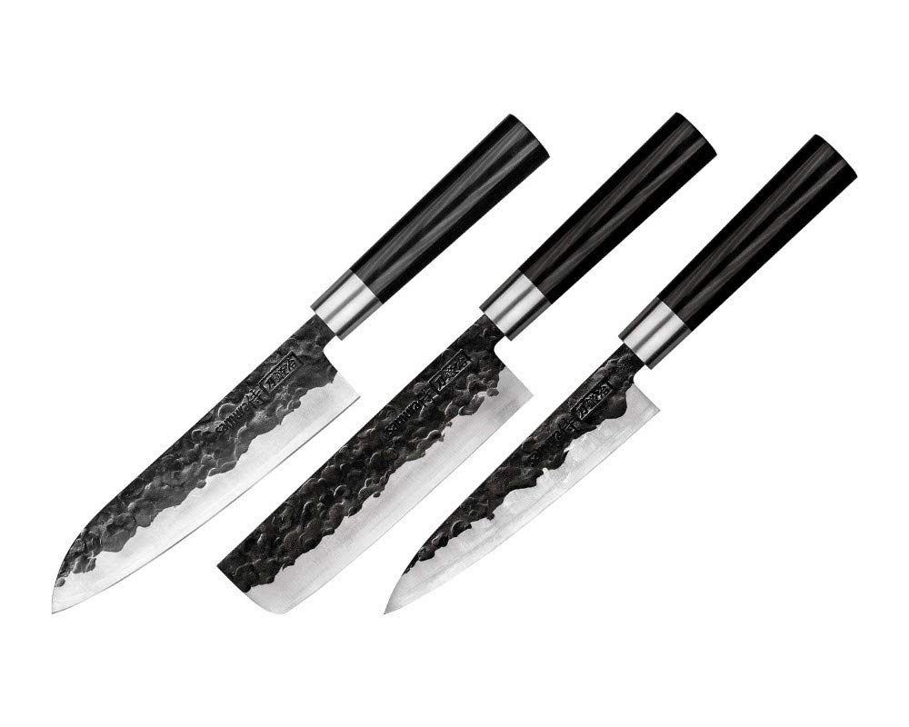 Samura Blacksmith Micarta Professional Japanese Damascus Kitchen Knife Set of 3: Utility, Nakiri, Santoku. Hardness 60 HRC
