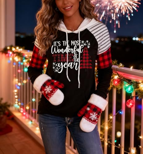 LLHXRUI Merry Christmas Buffalo Plaid Tree Striped Splicing Hoodie Shirt Blouse for Women Christmas Color Block T Shirt Top3