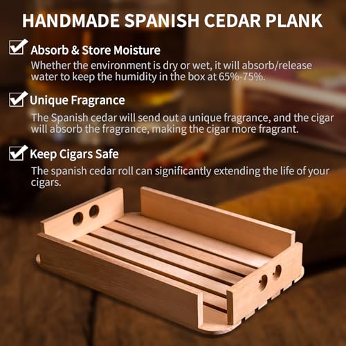 Image of Cigar Humidor Clear Acrylic Humidor Spanish Cedar Shelf Cigar Case Box Portable Airtight Container Holds 80-100 Cigars with Humidifier&Hygrometer Thermometer(Large)