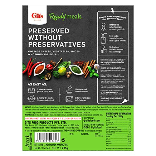 Image of Gits Ready to Eat Paneer Tikka Masala, Pure Veg, Heat and Eat Spicy Curry, Microwaveable, 1140g (Pack of 4 X 285g Each)