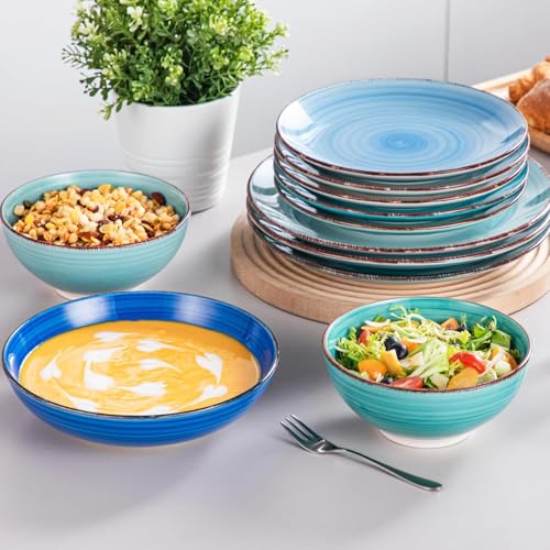 Image of vancasso Bonita Dinnerware Set 24 Pieces Blue Stoneware Service for 6, Handpainted Spirals Pattern Stoneware Combination Set