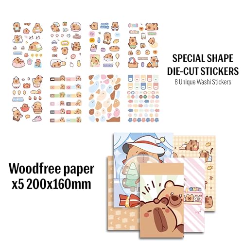 Image of The AutoStory Kawaii Scrapbooking Kit A6 Junk Journal Cute Animal Stickers Decor Collage Paper Washi Tape DIY Craft Art Creative Diary Activity Present Kids Teens Girls (Happy Capybara, Brown)