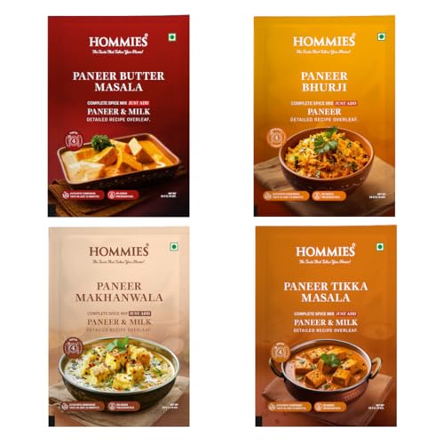 Image of Hommies Dhaba Style Paneer Curry Spice Mix Combo (4 Varieties) | Butter Masala, Makhanwala, Tikka Masala & Bhurji | Ready to Cook in 15 Mins | Just Add Paneer & Milk | Shahi Curry with Cashew Nuts | No Preservatives | Pack of 4 (50g Each, Total 200g)