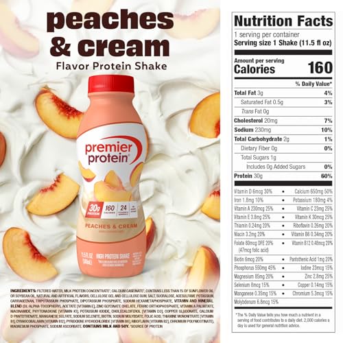 Premier Protein Shake, Peaches & Cream, 30g Protein, No Added Sugar, 24 Vitamins & Minerals to Support Immune Health, 11.5 fl oz, 12 Pack - Image 6