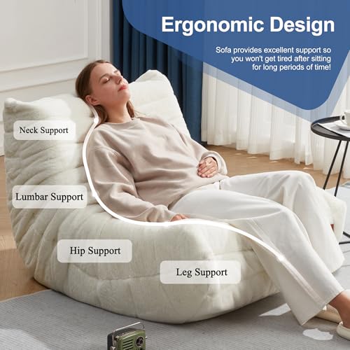 Image of Hobestluk Adults Bean Bag Chair Faux Fur BeanBag Couch for Living Room | White Plush,Ergonomic Design,Memory Foam,UltraSoft,Anti-slip Bottom,No Assembly Required,Decorative Style for Living Room