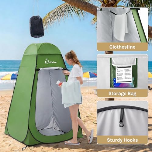 Image of WolfWise PRO Pop Up Shower Tent with Silver Coated, Floor and Rain Fly | Portable Changing Tent with Window & Carry Bag for Camping, Outdoor Privacy Toilet Bathroom with UV Protection, 75 inch /79 inch /83 inchH