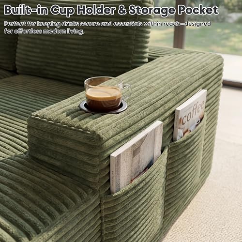Image of Oversized Cloud Boneless Couch with Chaise, Modern Modular Sofa with Deep Seat, Corduroy Upholstered U Shaped Couch for Living Room, No Assembly Required (Olive Green)