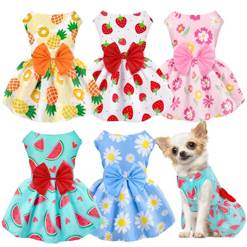 5 Pack Girl Dog Clothes Floral Summer Puppy Princess Bowknot Dog Dresses for Small Dogs Girl Clothes Cute Outfits for Boys Girls Pets Cats Dogs (Small, Floral Summer)