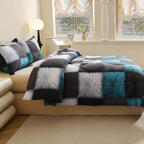 Image of Caressma Black and White Checkered Comforter Bedding Set Queen (90x90 Inch), 3 Pieces Queen Size Blue White Plaid Comforter Set, Fluffy Black Grid Home Decor for All Seasons