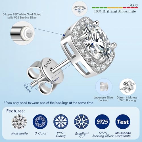 1-4CT Moissanite Stud Earrings, Halo Square D Color Ideal Cut 925 Sterling Silver Earrings for Women with Certificate of Authenticity3