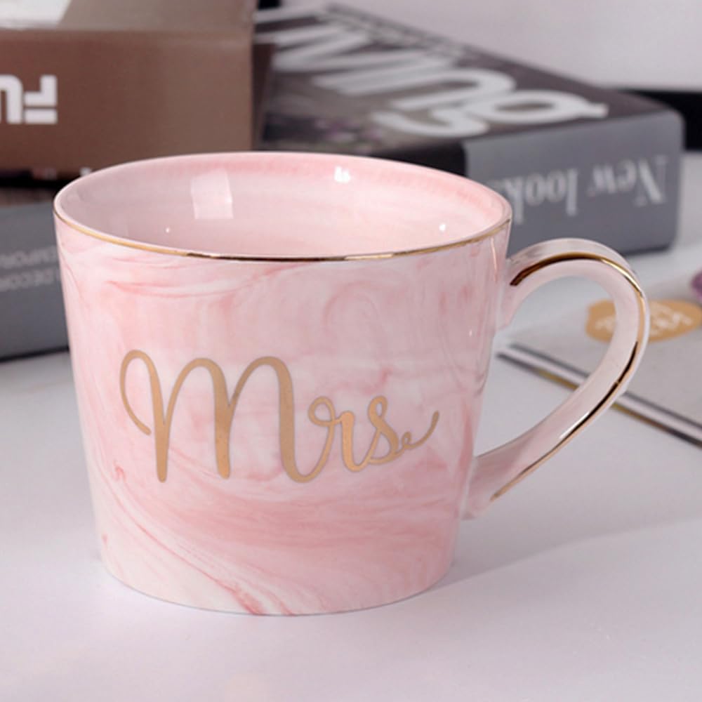 BlissHomes Anniversary Gift for Wife Ceramic Pink Mrs. Marble Coffee Mug Tea Cup Set Birthday Gift for Mom 350 ml