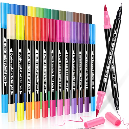 DUULEMANG 24 Colors Dual Markers Brush Pens Art Markers Colored Pens for Adult Coloring Books Brush and Fine Point Dual Tip Artist Colored Marker Set for Drawing Adult Coloring Hand Lettering