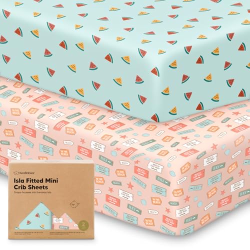 Image of Pack and Play Sheets Fitted - 2-Pack Mini Crib Sheets for Pack N Play Mattress 38x26, Soft & Cozy, Neutral Toddler Playard Bedding, Snug Fitted Mini Baby Crib Mattress Cover Boy, Girl (Beach Day)
